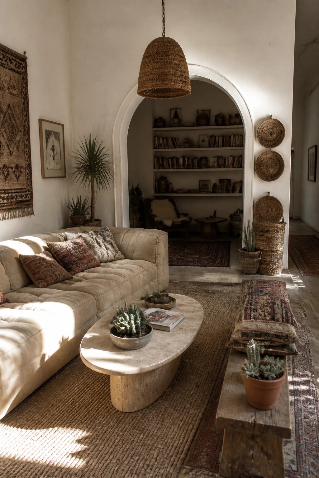 A spacious living room featuring a large beige sectional sofa, an oval stone coffee table on a woven rug, and an arched alcove with built-in bookshelves.