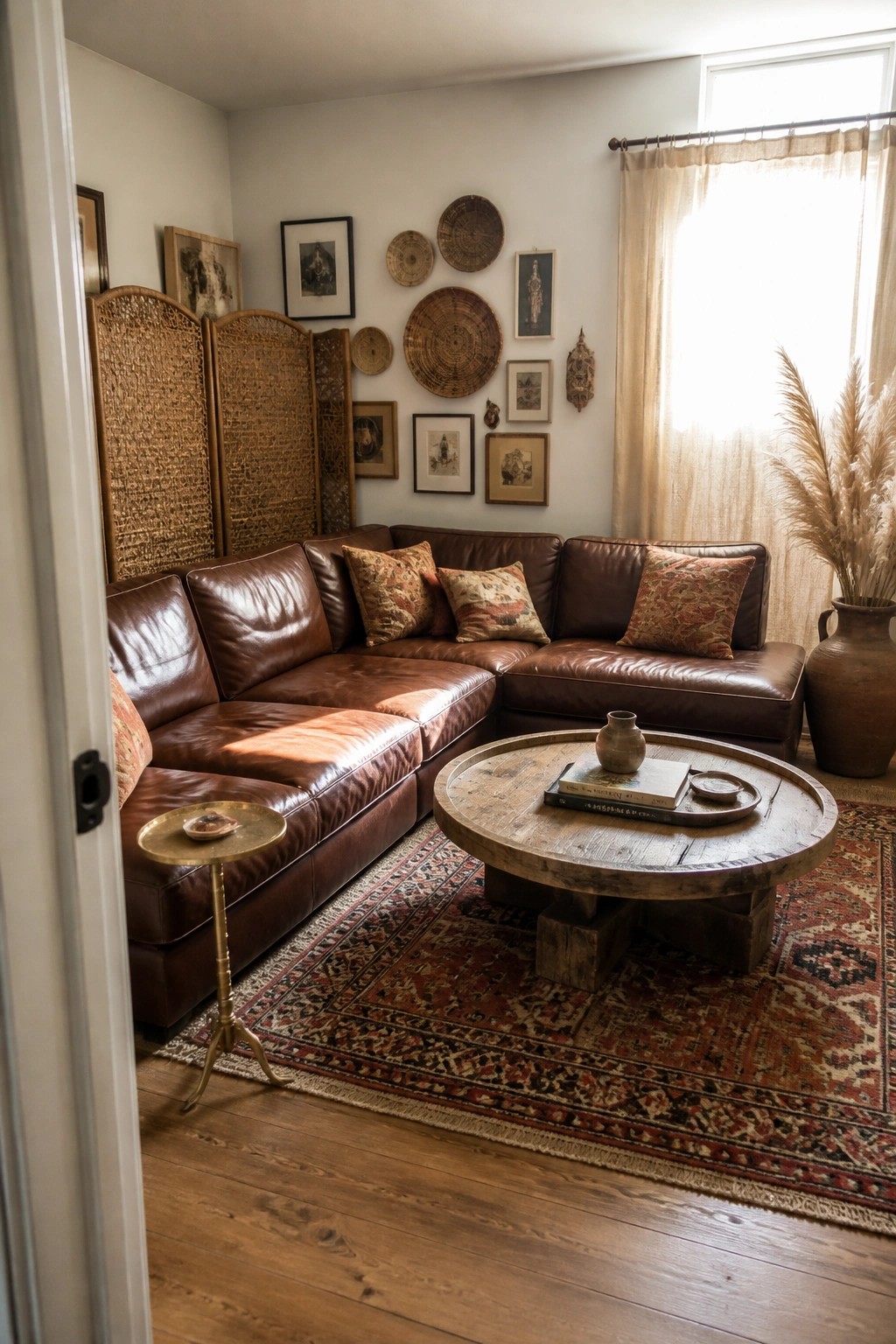 Cozy living room with brown leather sectional sofa, round wooden coffee table, and patterned rug.