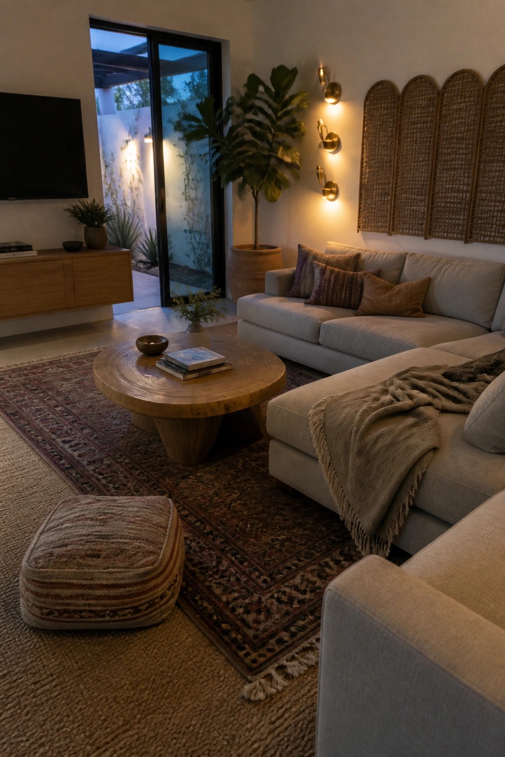 A living room featuring a large light gray sectional sofa with pillows and a fringed throw, a round wooden coffee table on a patterned rug, and woven wall panels.