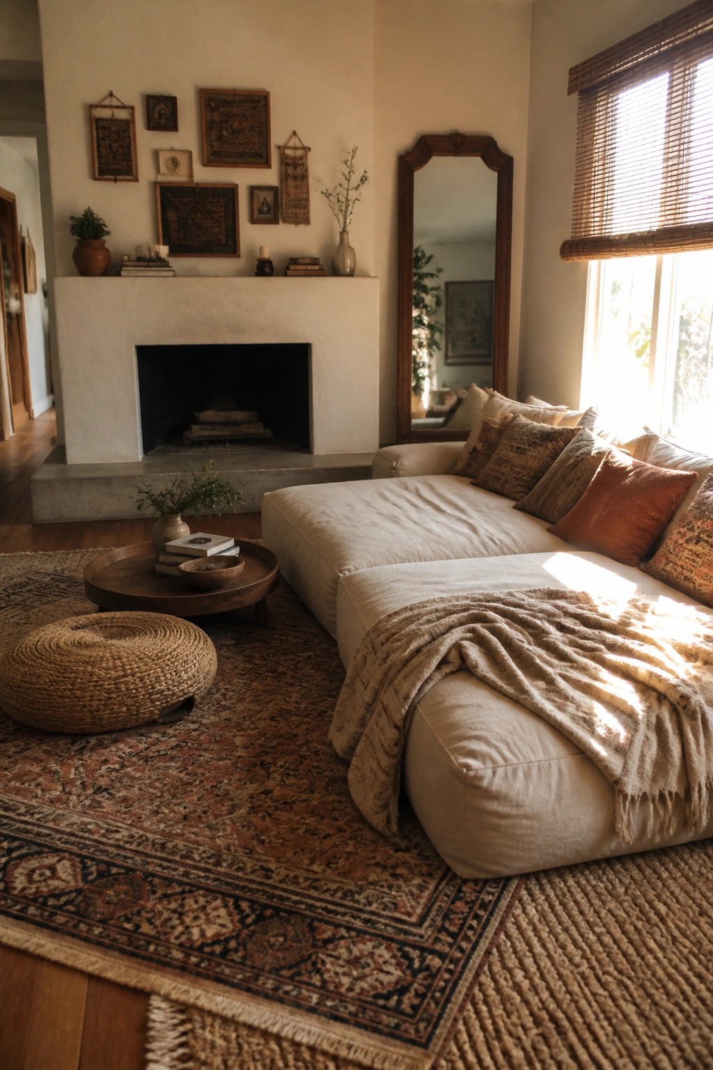 Living room interior with a large off-white sectional sofa, patterned area rug, round wooden coffee table, and white fireplace mantel.