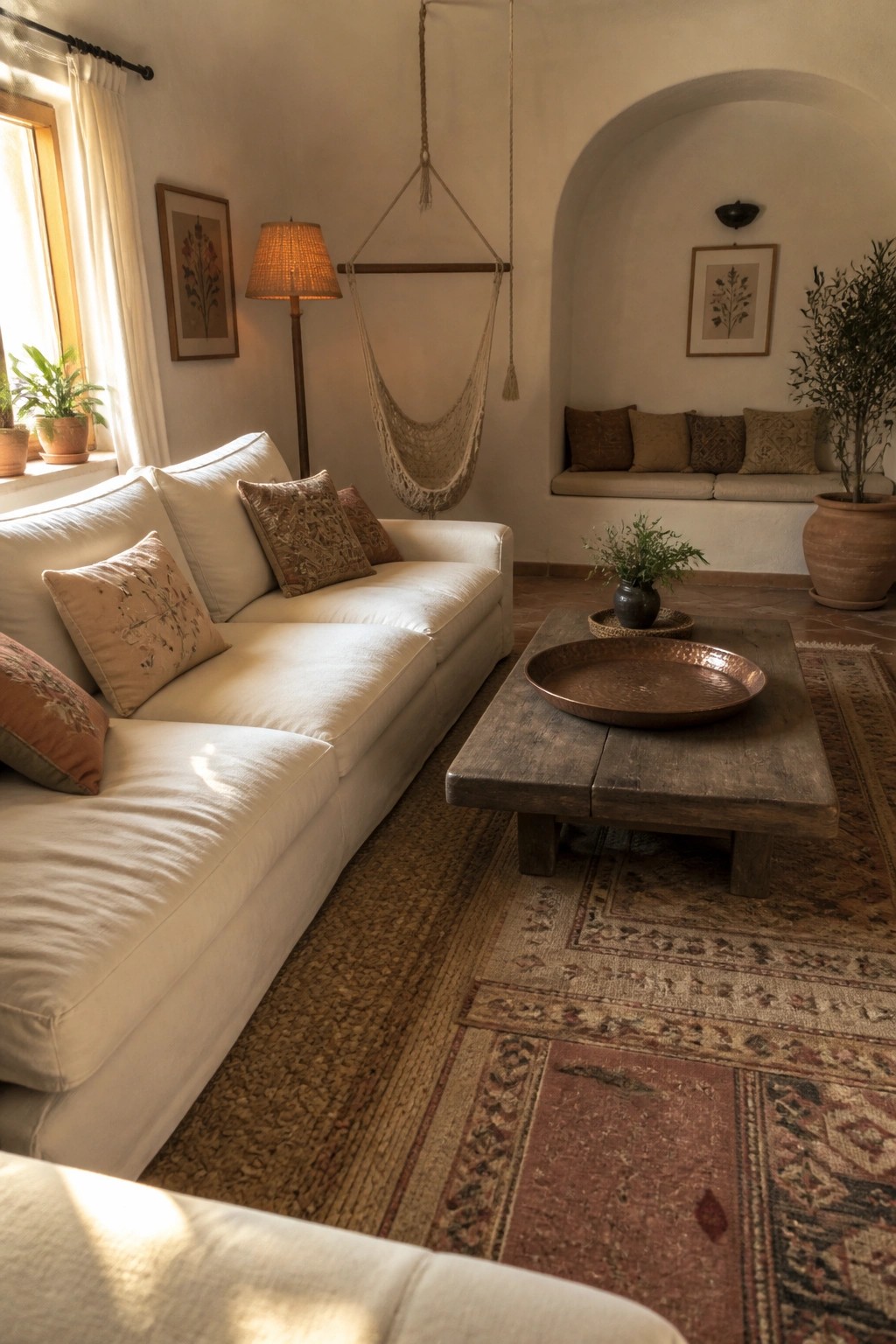 A bright living room featuring a long white deep sofa with patterned pillows, a rustic wooden coffee table on layered rugs, a hanging macrame chair, and an arched built-in seating area in the background.