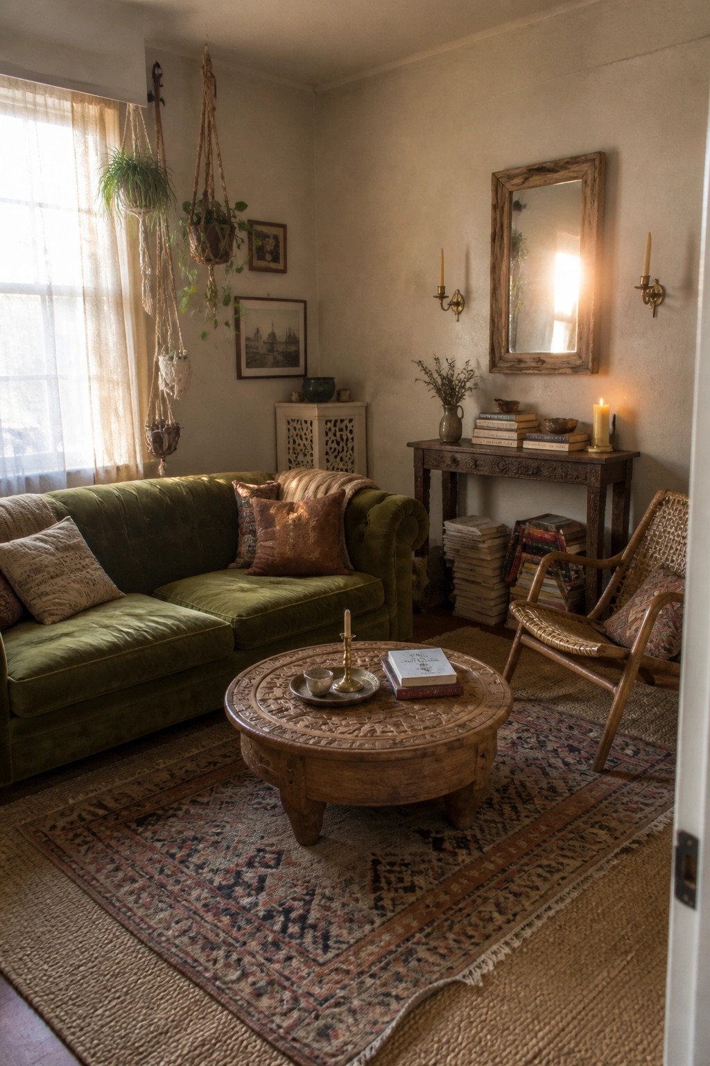 A living room featuring a large green velvet sofa, a carved wooden coffee table on layered rugs, hanging plants by a window, and a woven chair beside a console table.