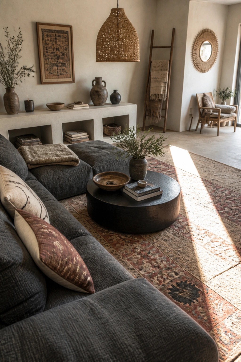 A spacious living room with a large dark gray sectional sofa, round black coffee table, patterned rugs, and boho decor including woven pendant light and pottery on a console.