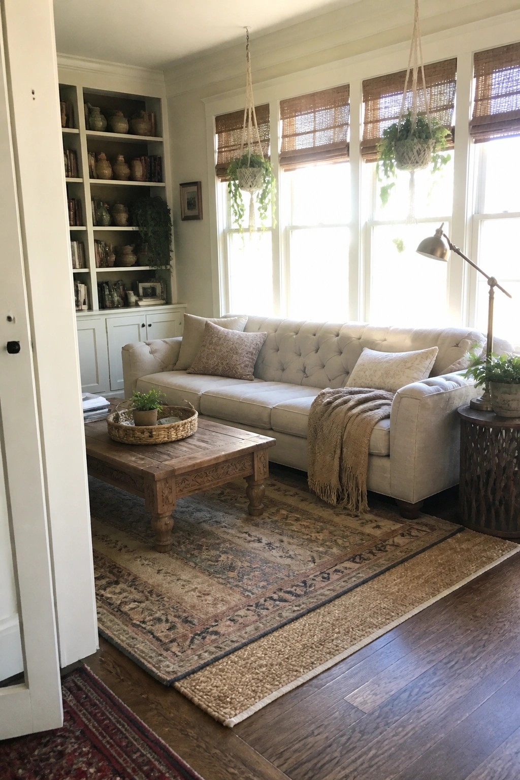 A light-colored tufted sofa sits in a living room with a wooden coffee table, layered rugs, and large windows with woven shades.