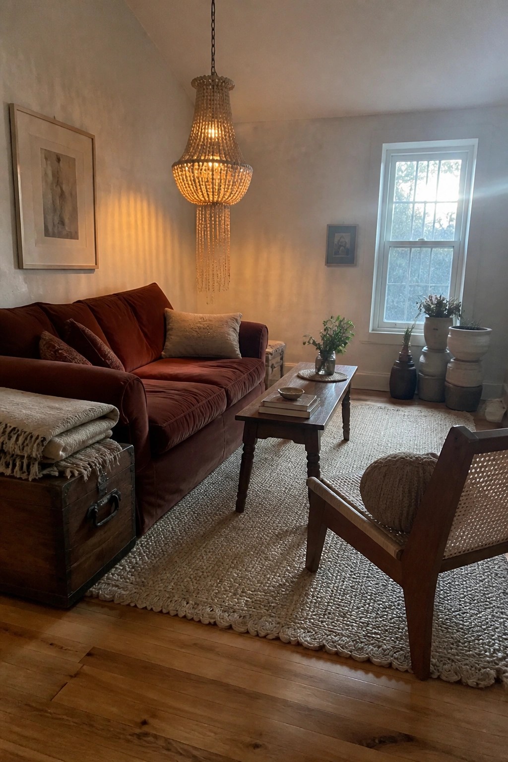 A living room featuring a deep red velvet sofa, wooden coffee table on a large woven rug, and a beaded chandelier overhead.