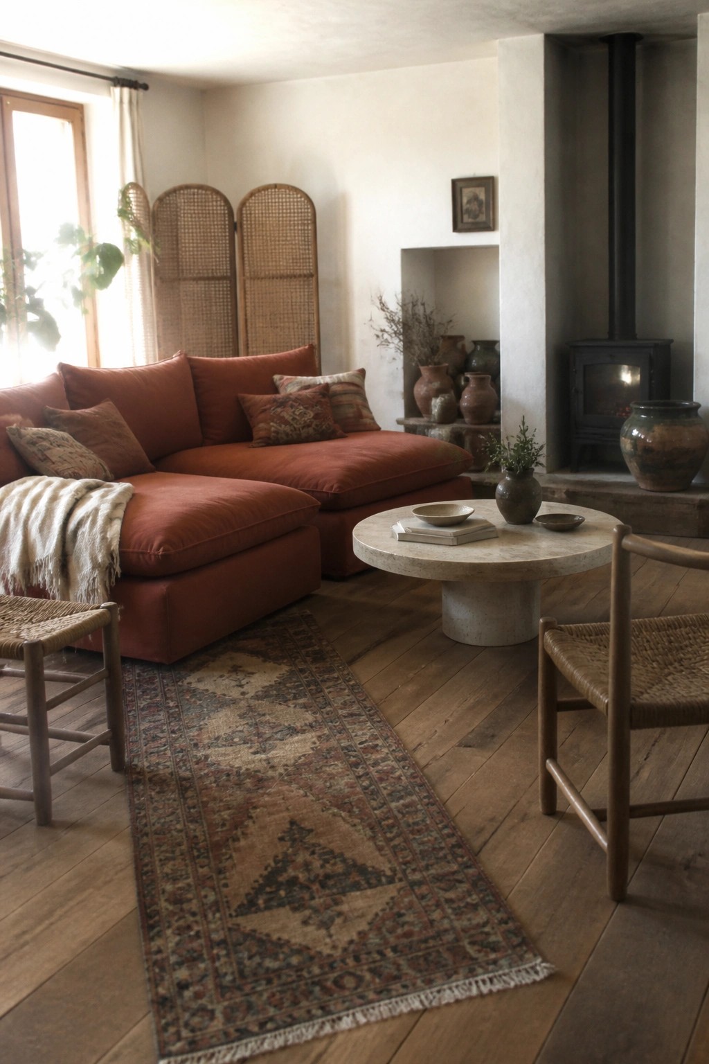 A living room featuring a large terracotta sectional sofa, woven chairs, a round stone coffee table, and a long patterned rug on wood flooring.