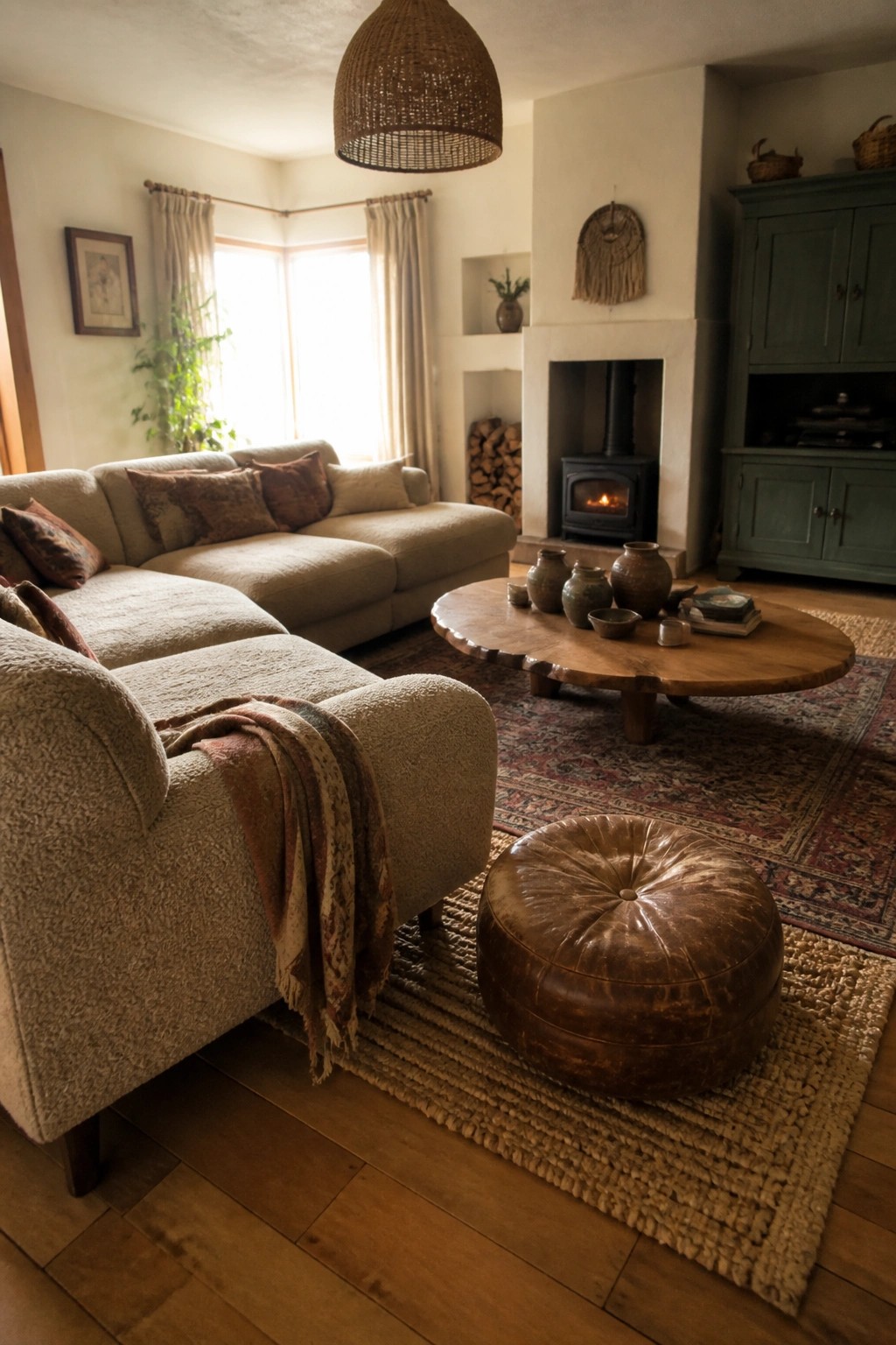 A living room featuring a large beige sectional sofa, round wooden coffee table, brown leather pouf on a woven rug, and a fireplace with wood storage.