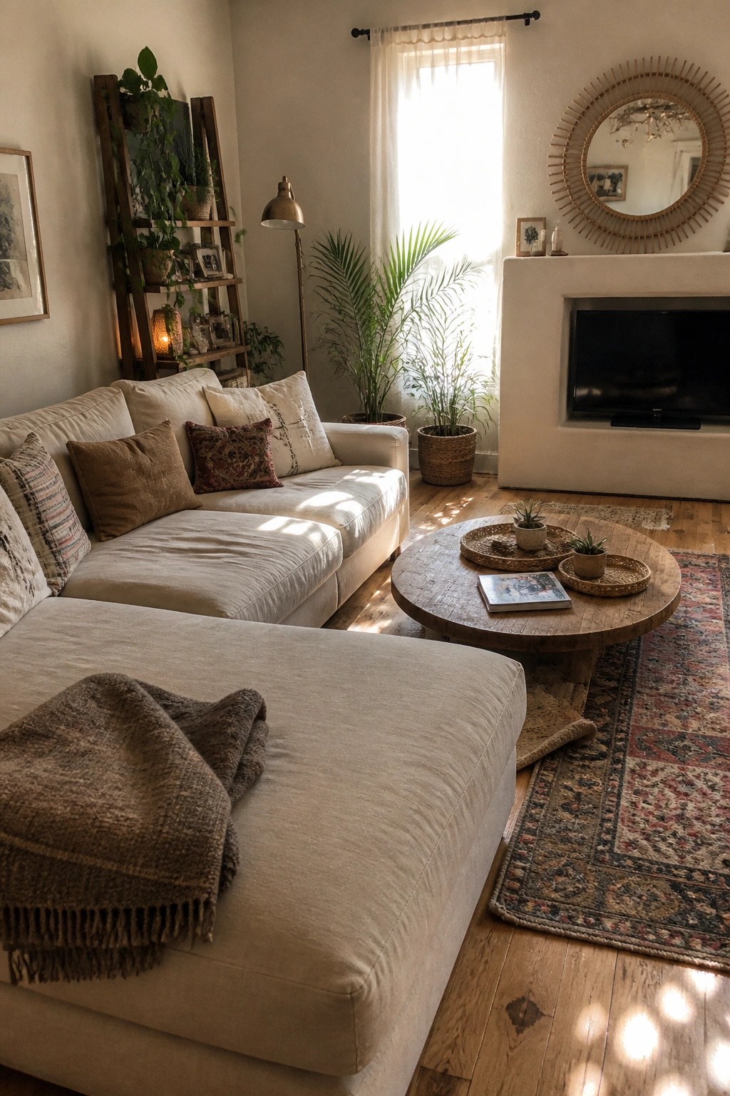 A bright living room featuring a large beige sectional sofa with pillows and a throw blanket, a round wooden coffee table, potted plants, a fireplace with television, and sunlight coming through the windows.