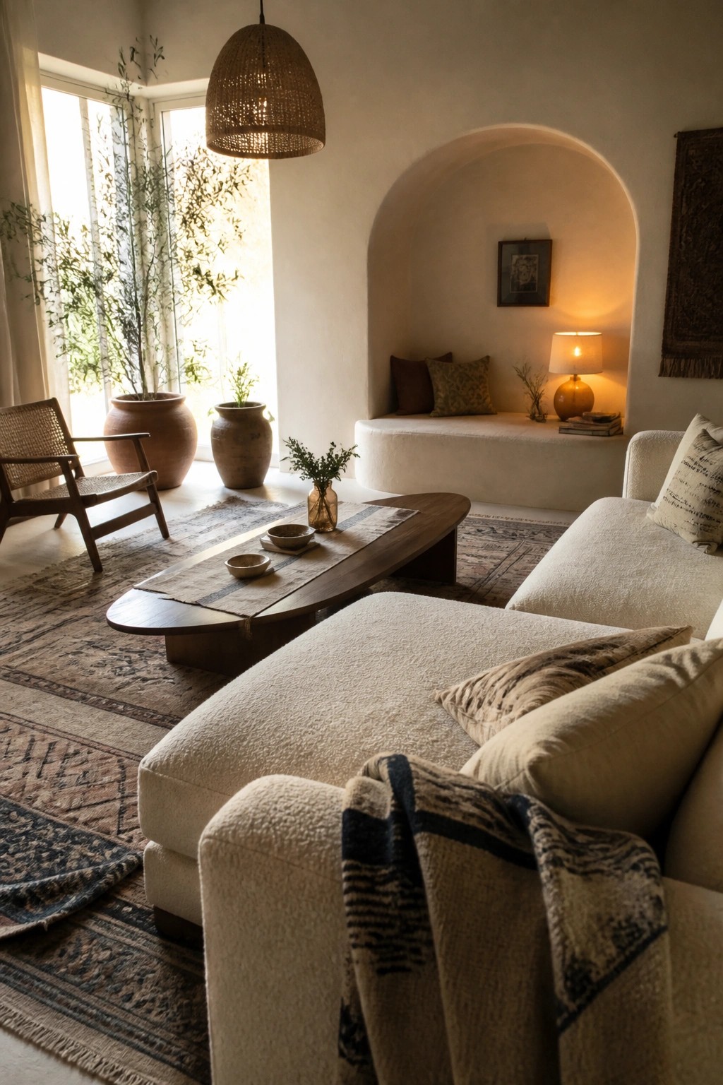 Cozy living room with white bouclé sofa, wooden coffee table, woven pendant, and arched alcove.