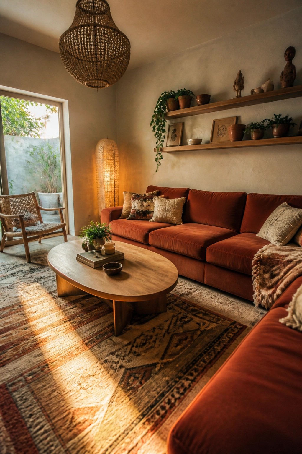 A living room featuring a large rust-colored sectional sofa with throw pillows, a wooden oval coffee table on a patterned rug, a woven floor lamp, and floating shelves with plants and small sculptures.
