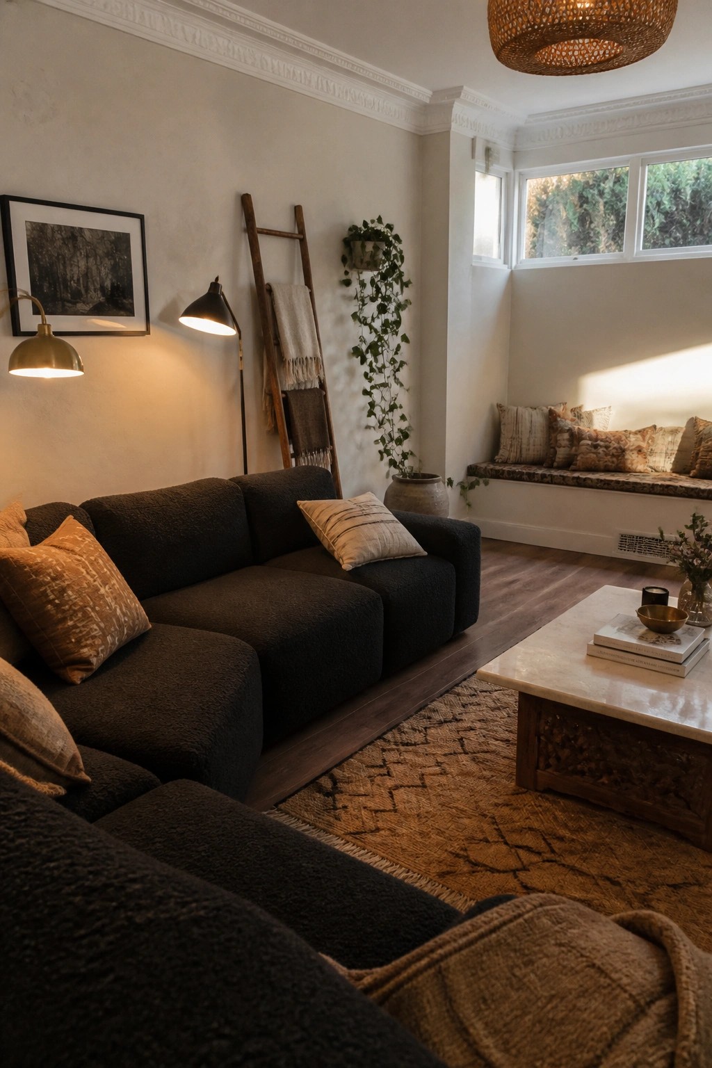 A living room with a large dark sectional sofa, marble coffee table on a woven rug, wooden ladder, and window seat with pillows.