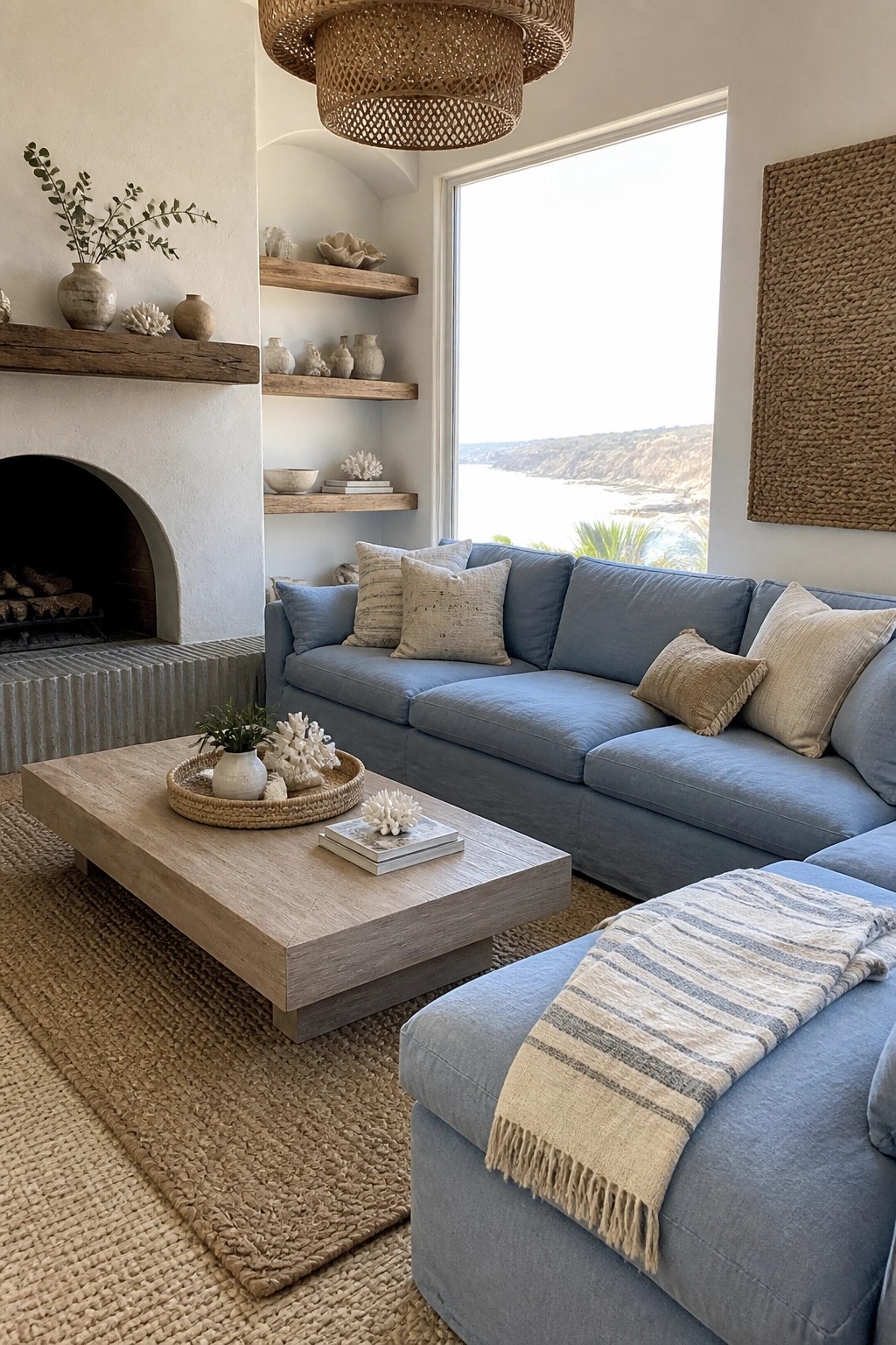 A living room featuring a large blue sectional sofa with pillows and a throw blanket, a wooden coffee table on a woven rug, built-in shelves, a fireplace, and a large window with an ocean view.