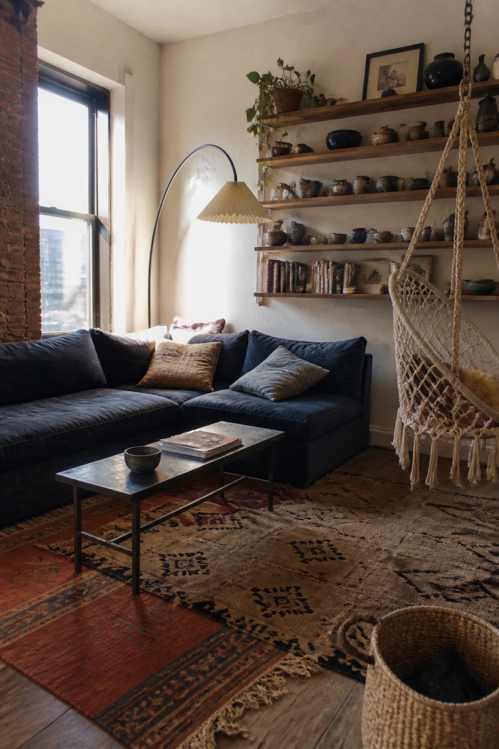 A living room featuring a large dark blue sectional sofa on layered patterned rugs, with a metal coffee table, floating wooden shelves holding pottery and books, and a macrame hanging chair beside a tall window.
