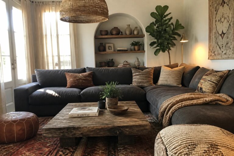 A living room featuring a large dark gray sectional sofa with pillows, a rustic wooden coffee table, and an arched niche with pottery and plants.