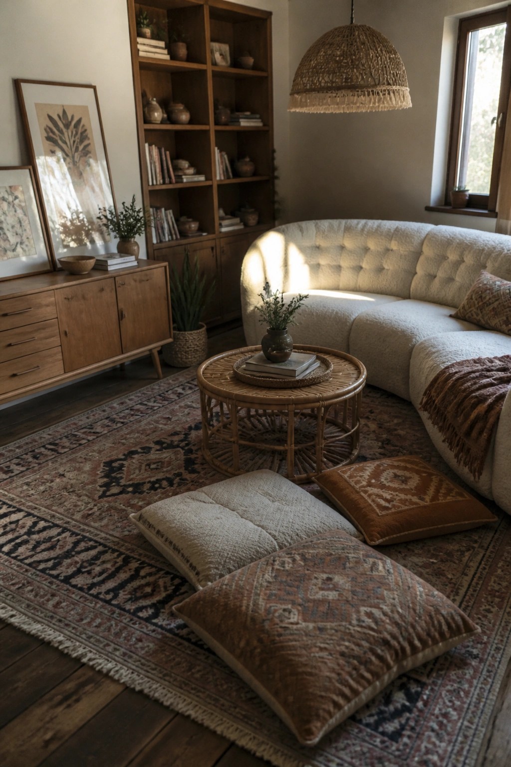 Cozy living room with white curved sofa, rattan table, floor cushions, and patterned rug.