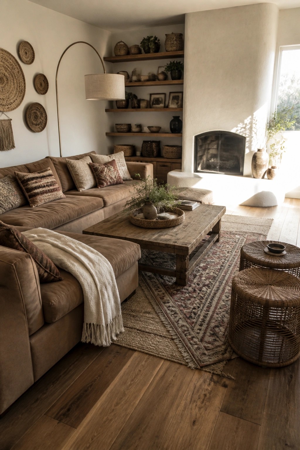 A living room featuring a large brown sectional sofa with patterned pillows, a wooden coffee table on a patterned rug, and built-in shelves beside a fireplace.