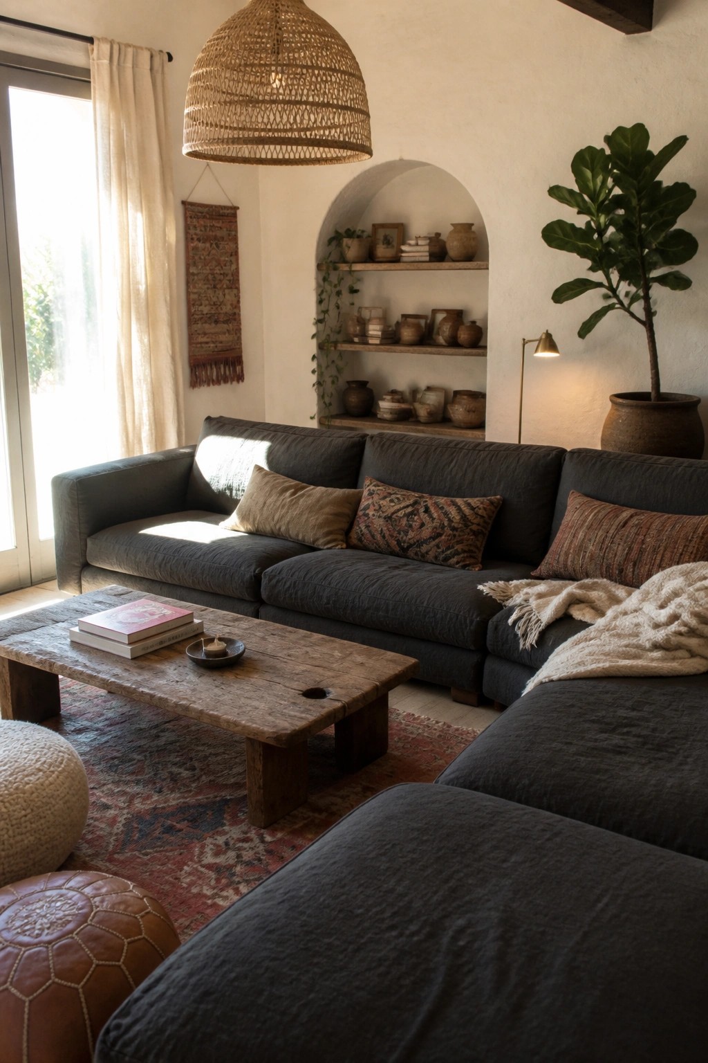 A living room featuring a large dark gray sectional sofa with pillows, a rustic wooden coffee table, and an arched niche with pottery and plants.