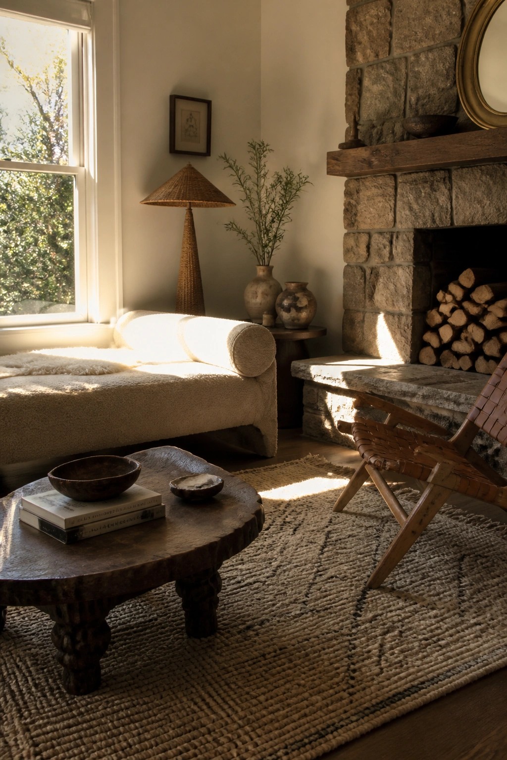 A sunlit living room with a white boucle sofa, a round wooden coffee table on a woven rug, a stone fireplace with stacked wood, and various woven and ceramic accessories.