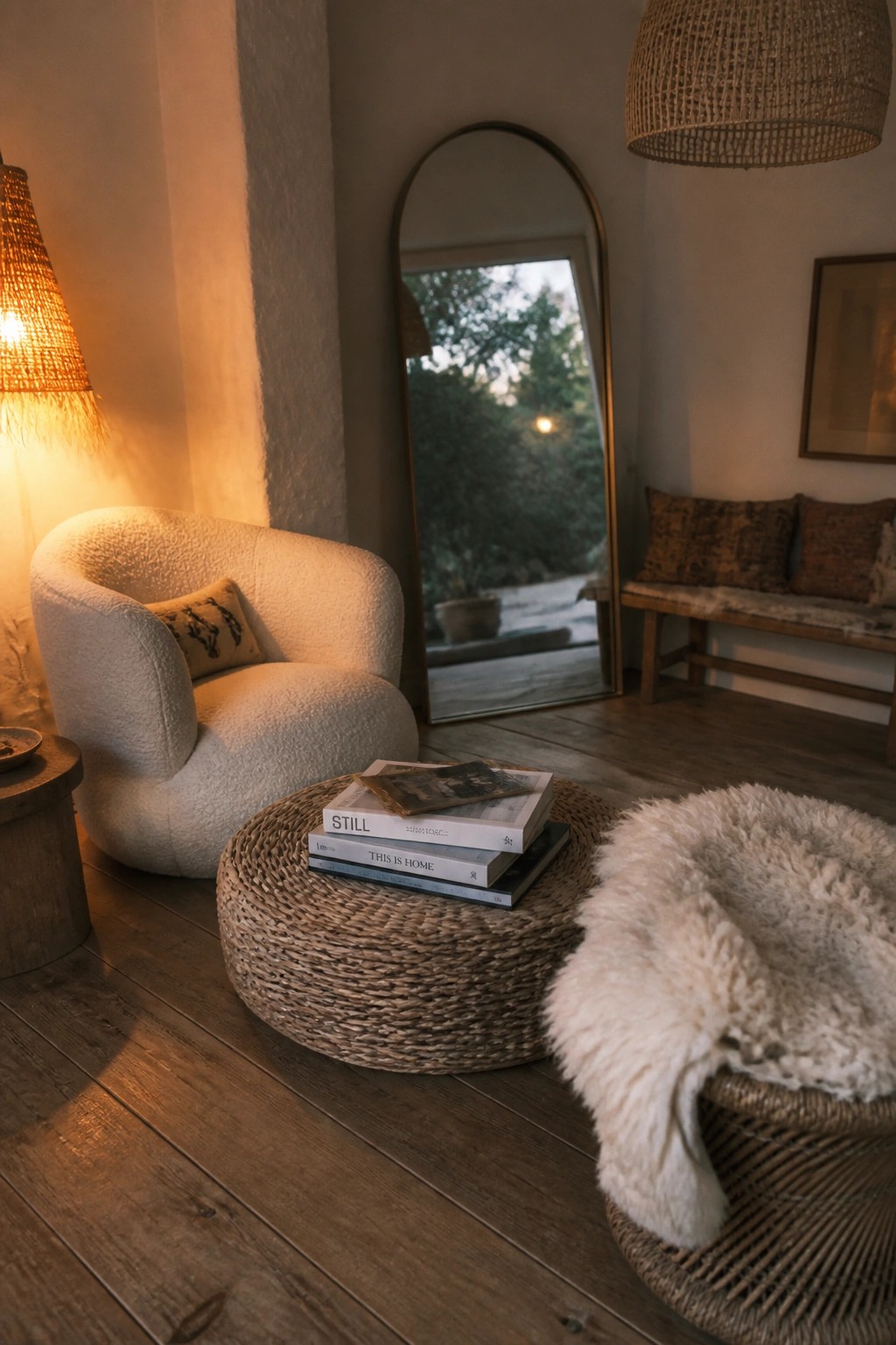 Cozy nook with white boucle armchair, woven ottoman stacked with books, and sheepskin throw.
