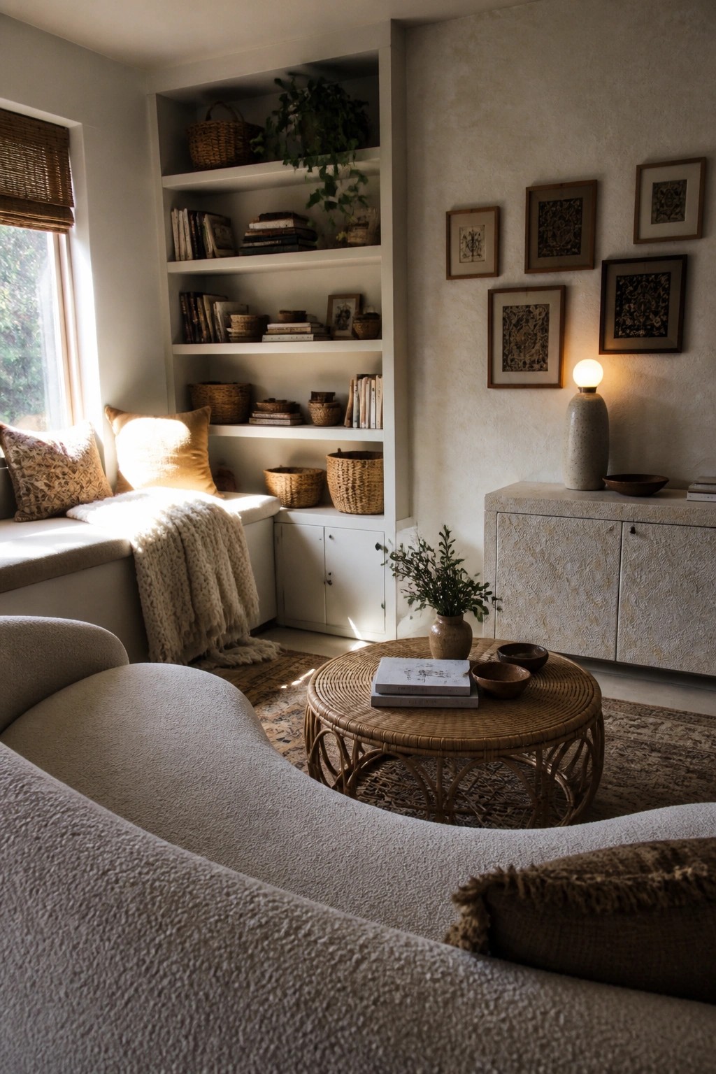 Cozy neutral room with built-in bookshelves, rattan table, window seat, and curved sofa