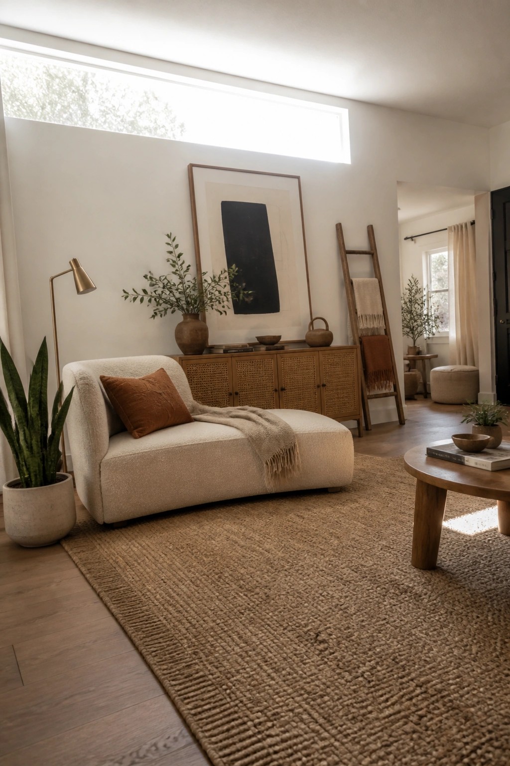 A living room with a white boucle chaise on a jute rug, a wooden cabinet with woven cane doors, a large framed artwork above it, and various potted plants.