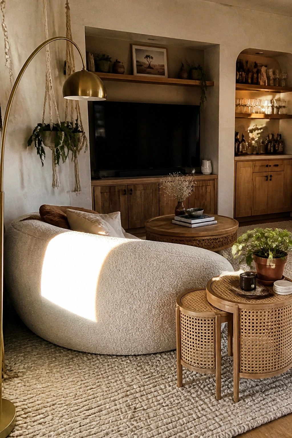 A living room featuring a large white boucle curved sofa on a textured rug, with nested rattan side tables and a round wood coffee table in front of a built-in TV unit.