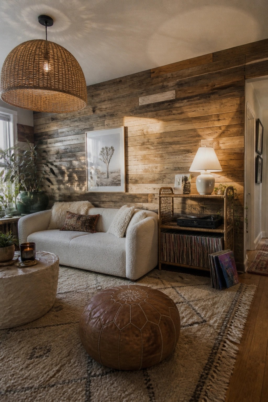A living room with a white boucle sofa against a wood plank wall, a large woven pendant light, a rattan record shelf, and a brown leather pouf on a patterned rug.