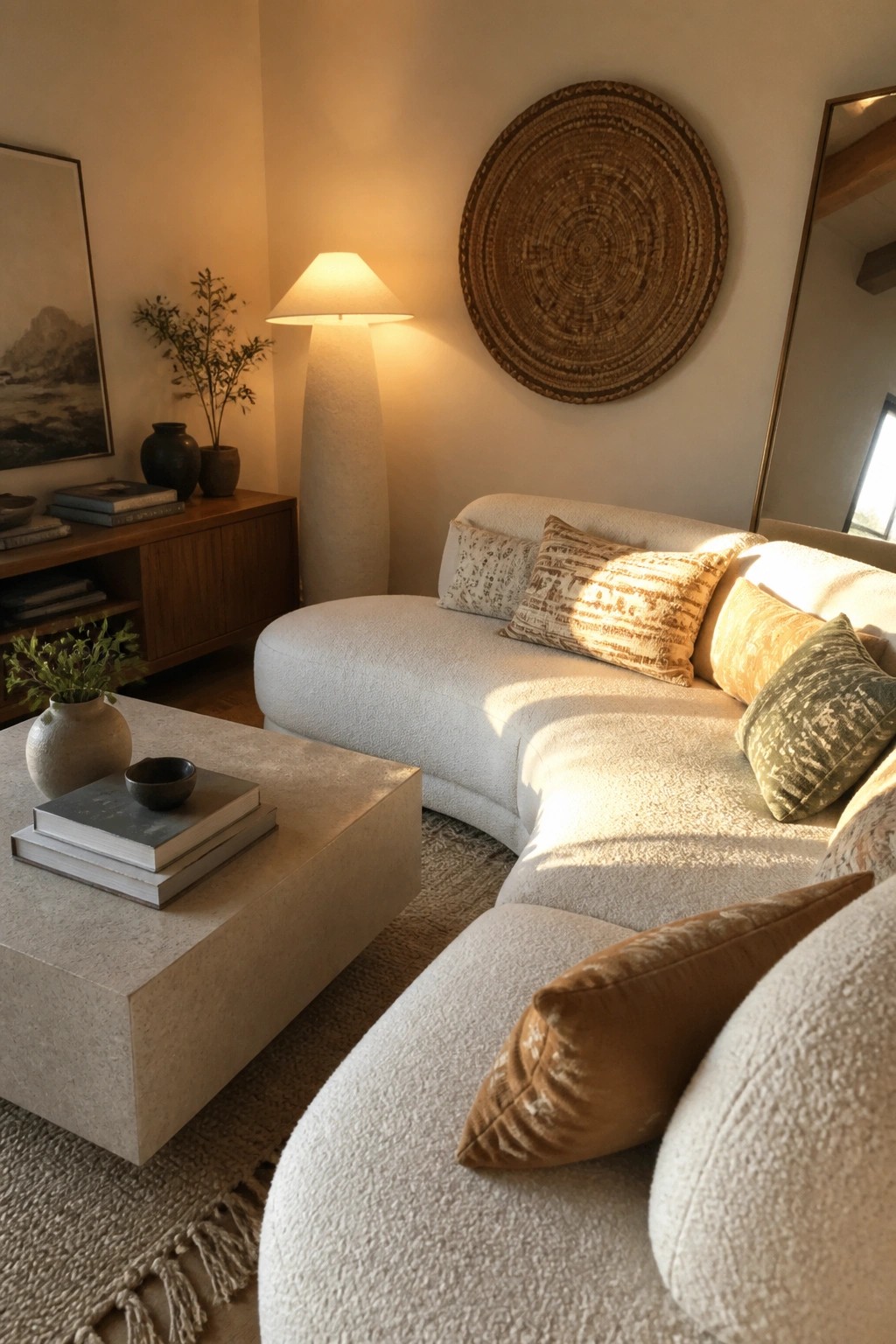 A living room corner with a white boucle sectional sofa, patterned and velvet pillows, a stone coffee table, a floor lamp, and a large round woven wall hanging.