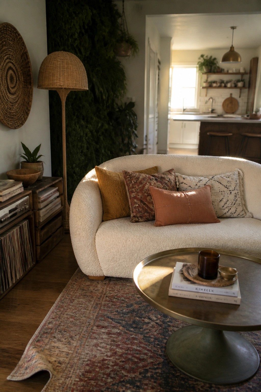 A curved white boucle sofa with assorted pillows sits on a patterned rug next to a tall woven floor lamp in a living room.