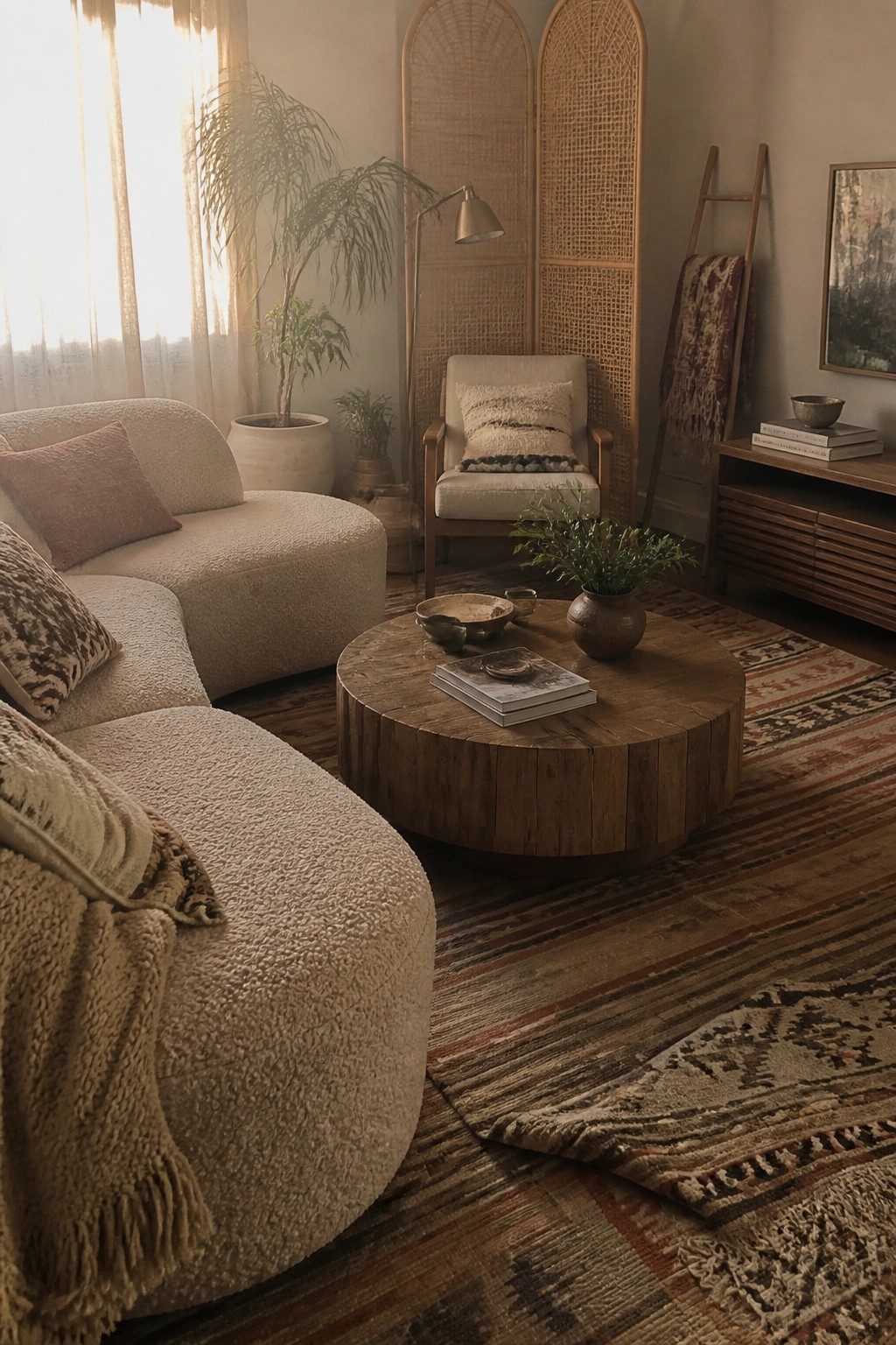 Cozy sunlit living room with beige bouclé sofa, round wood table, and woven screen.