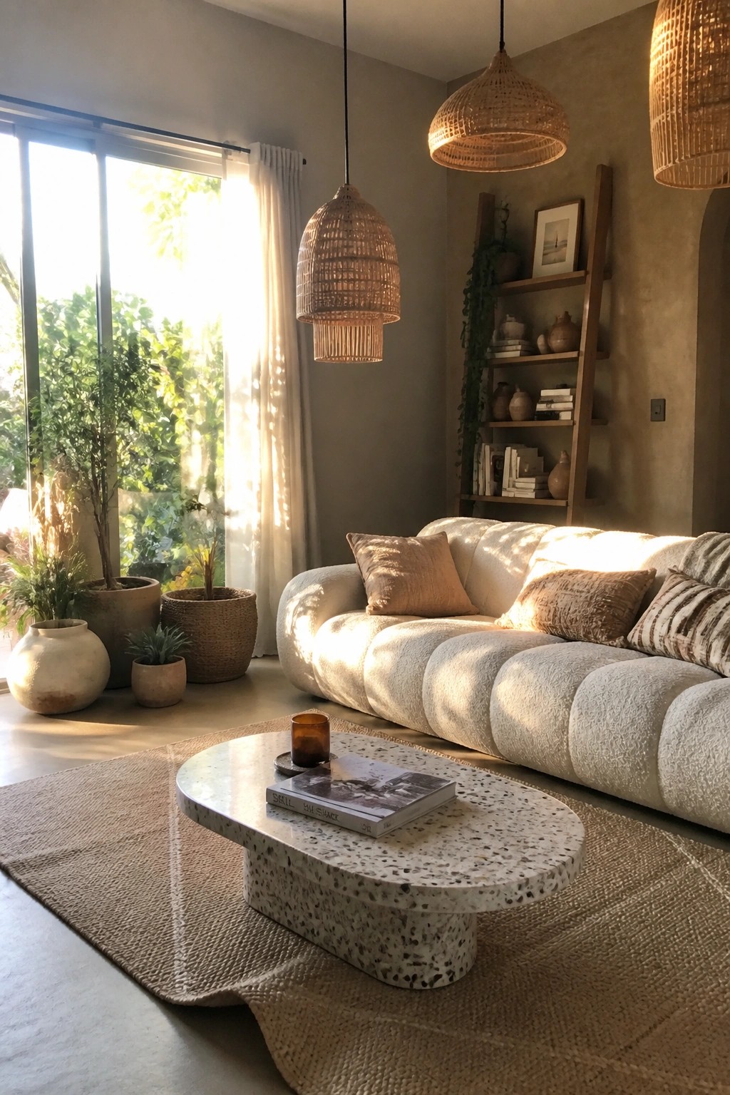 A living room featuring a white boucle sectional sofa, woven rattan pendant lights, a terrazzo coffee table on a woven rug, and potted plants beside large windows.