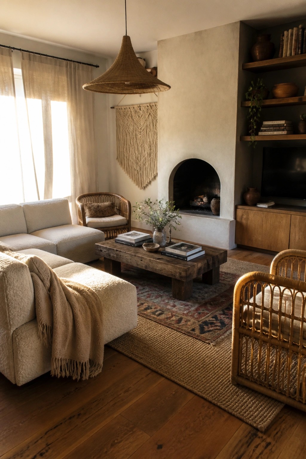 A living room with a light boucle sofa, woven rattan chairs, a wooden coffee table on layered rugs, and a large woven pendant light near a fireplace.