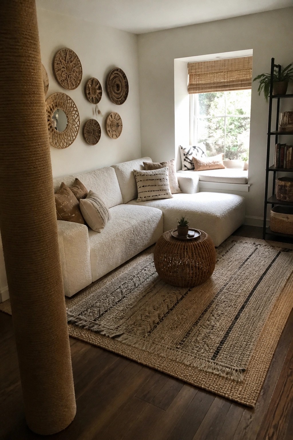 A living room featuring a white boucle sectional sofa, a large woven rug, a round woven coffee table, and circular woven wall decorations above the sofa.