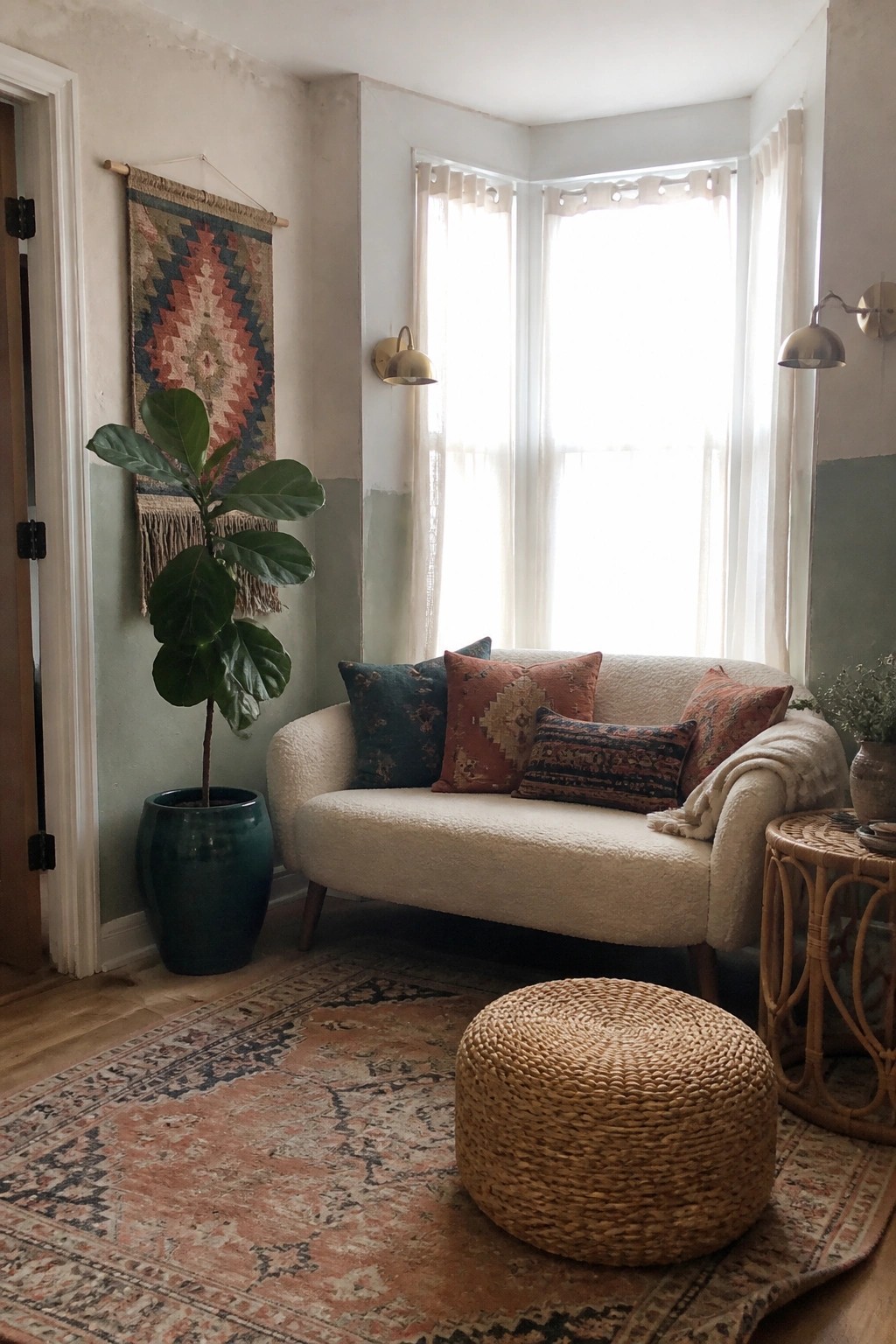 A cream boucle sofa with pillows sits in a corner by a window, with a woven pouf and patterned rug in front and a large potted plant to the side.