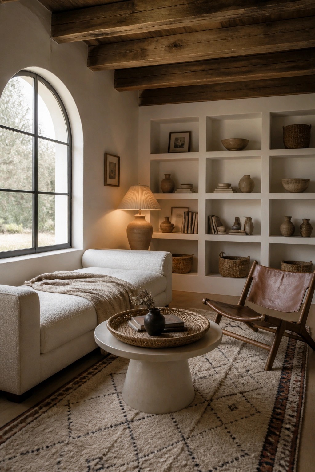 A living room interior with a white boucle sofa, round coffee table on a patterned rug, built-in white shelves displaying woven baskets and pottery, a leather sling chair, and an arched window on the left.