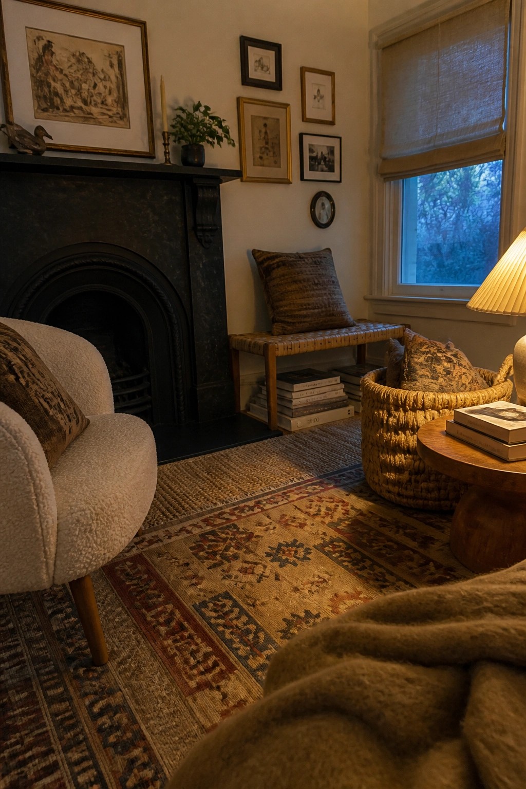 Cozy living room corner with fireplace, patterned rug, armchair, woven basket, and lamp.