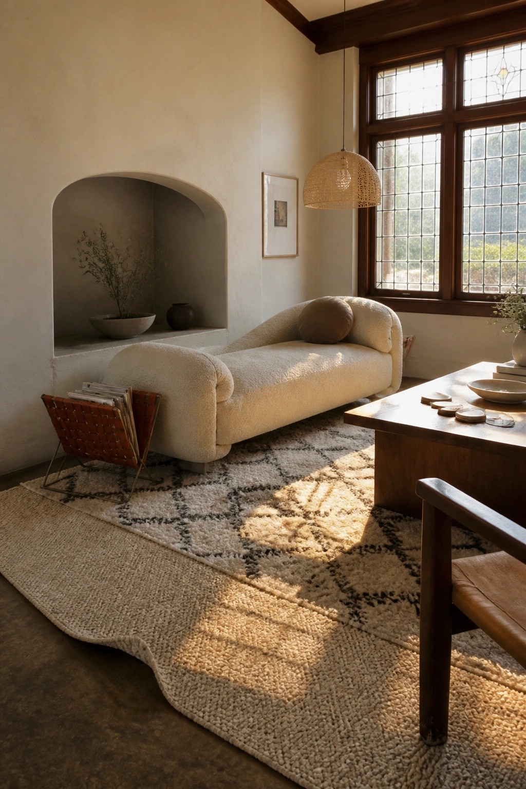Sunlit room with white bouclé chaise on patterned rug and wooden table