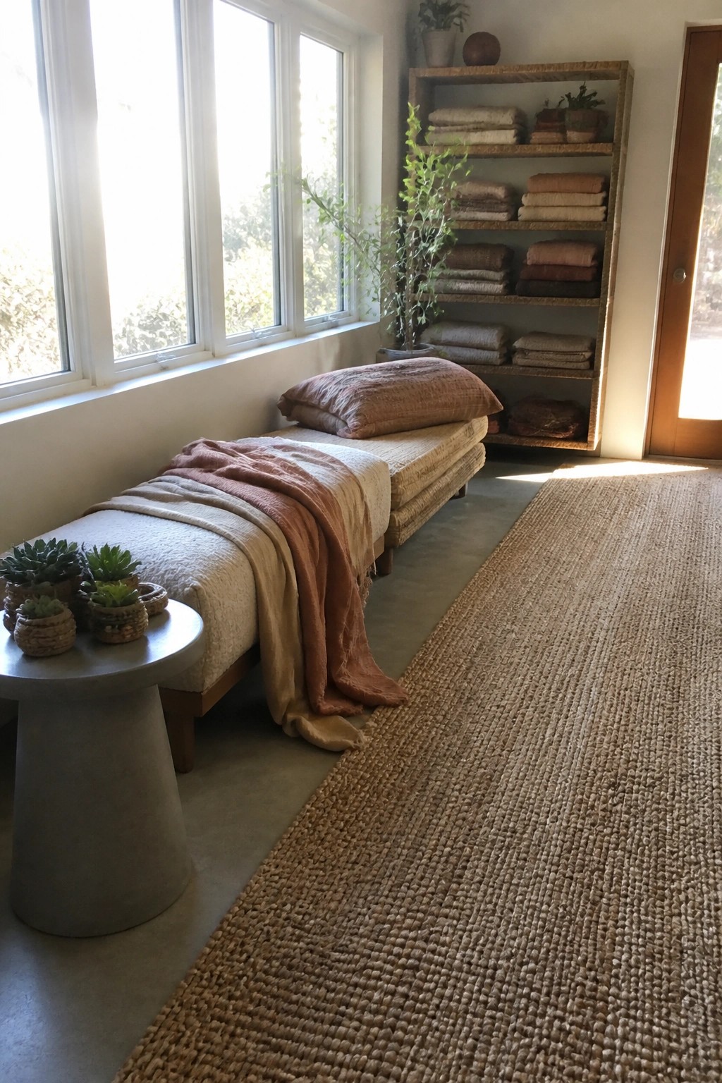 A long upholstered bench sits under windows in a bright room, covered with layered neutral and terracotta throws beside a tall wooden shelf and a large woven rug.