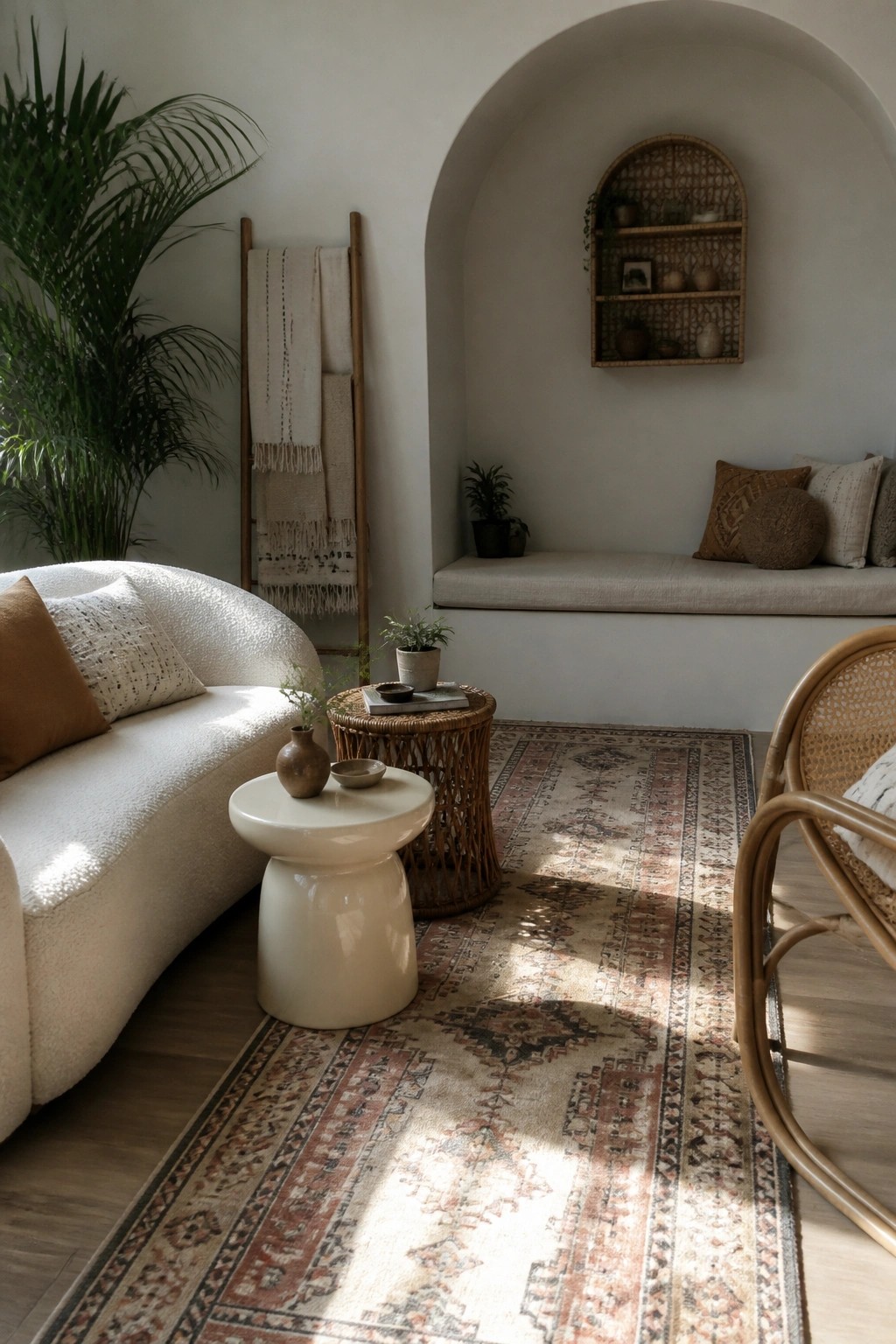 A living room featuring a white boucle sofa, woven rattan furniture, patterned rug, and built-in arched shelving with neutral textiles.