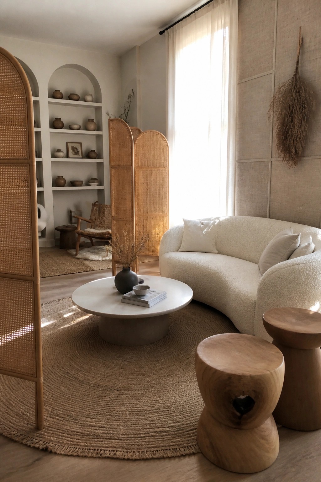 Bright living room with white curved sofa, round table on jute rug, and rattan screens.