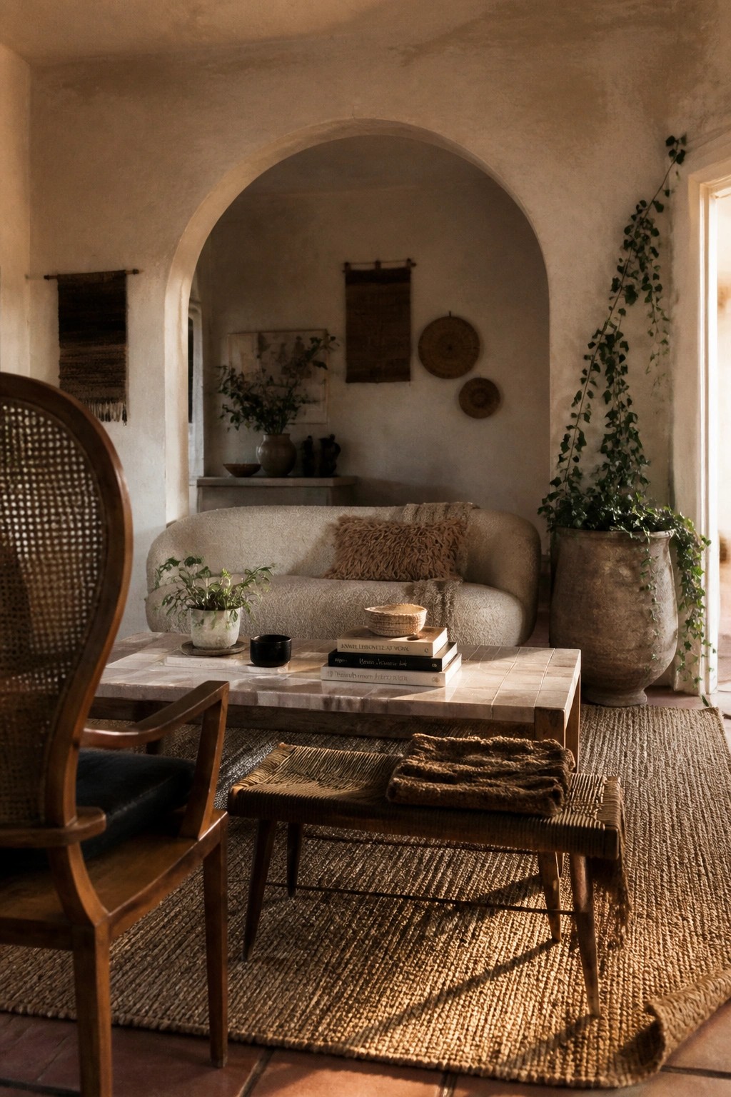 Cozy living room with curved sofa, marble table, woven chair, bench, and plants.
