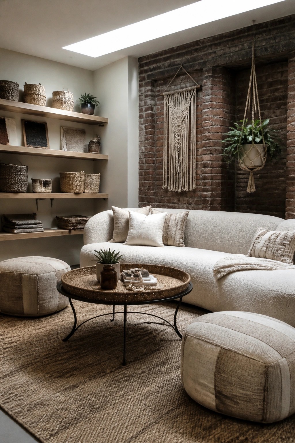 A living room featuring a large curved white boucle sofa, woven poufs, a round tray table on a jute rug, and wooden shelves holding woven baskets against a brick wall.