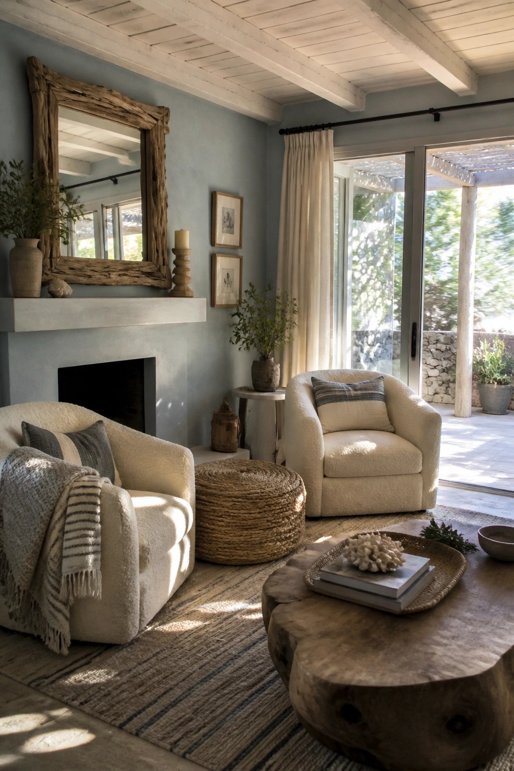 A light-filled living room with pale blue walls, two cream boucle armchairs, a woven jute ottoman, a large rustic wood coffee table, and a concrete fireplace topped by a weathered wood mirror.