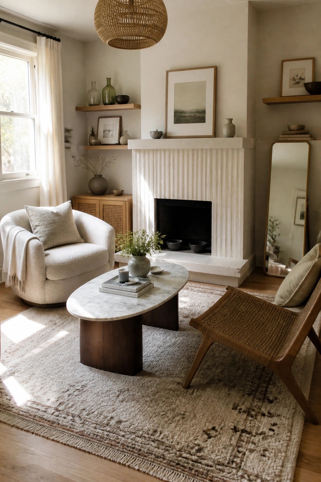 Cozy neutral living room with fluted white fireplace, marble coffee table, and woven seating.