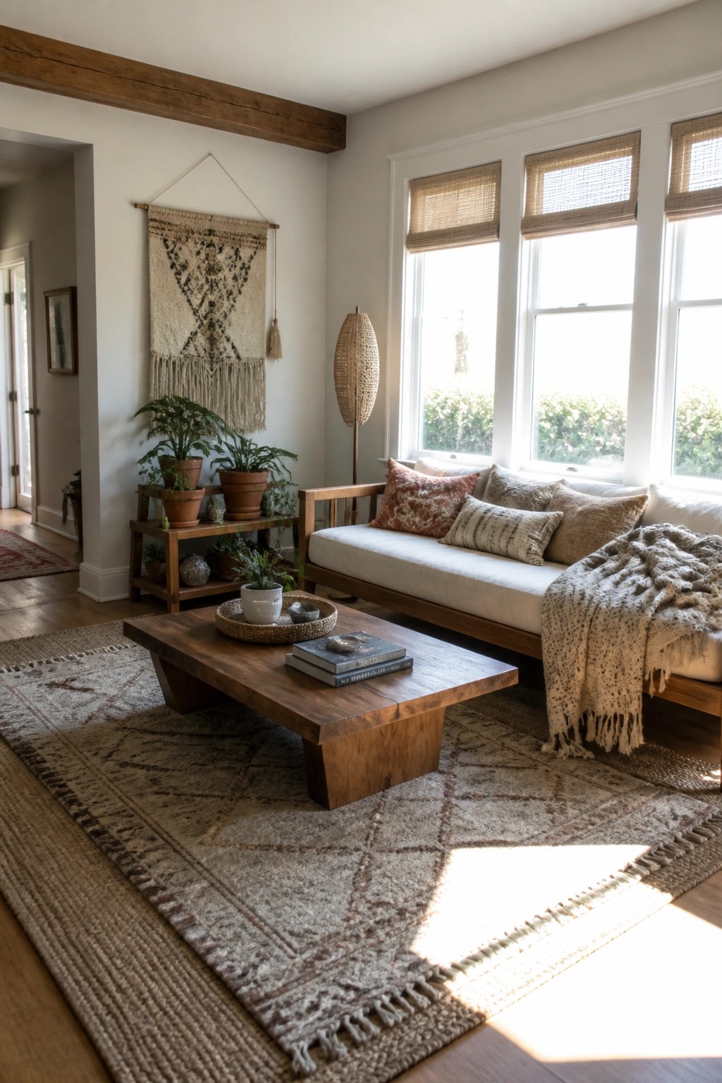 A living room featuring a dark wood coffee table on a large patterned rug, a light-colored sofa with pillows and a throw blanket, multiple windows with woven shades, potted plants on a wooden shelf, and a macrame wall hanging.