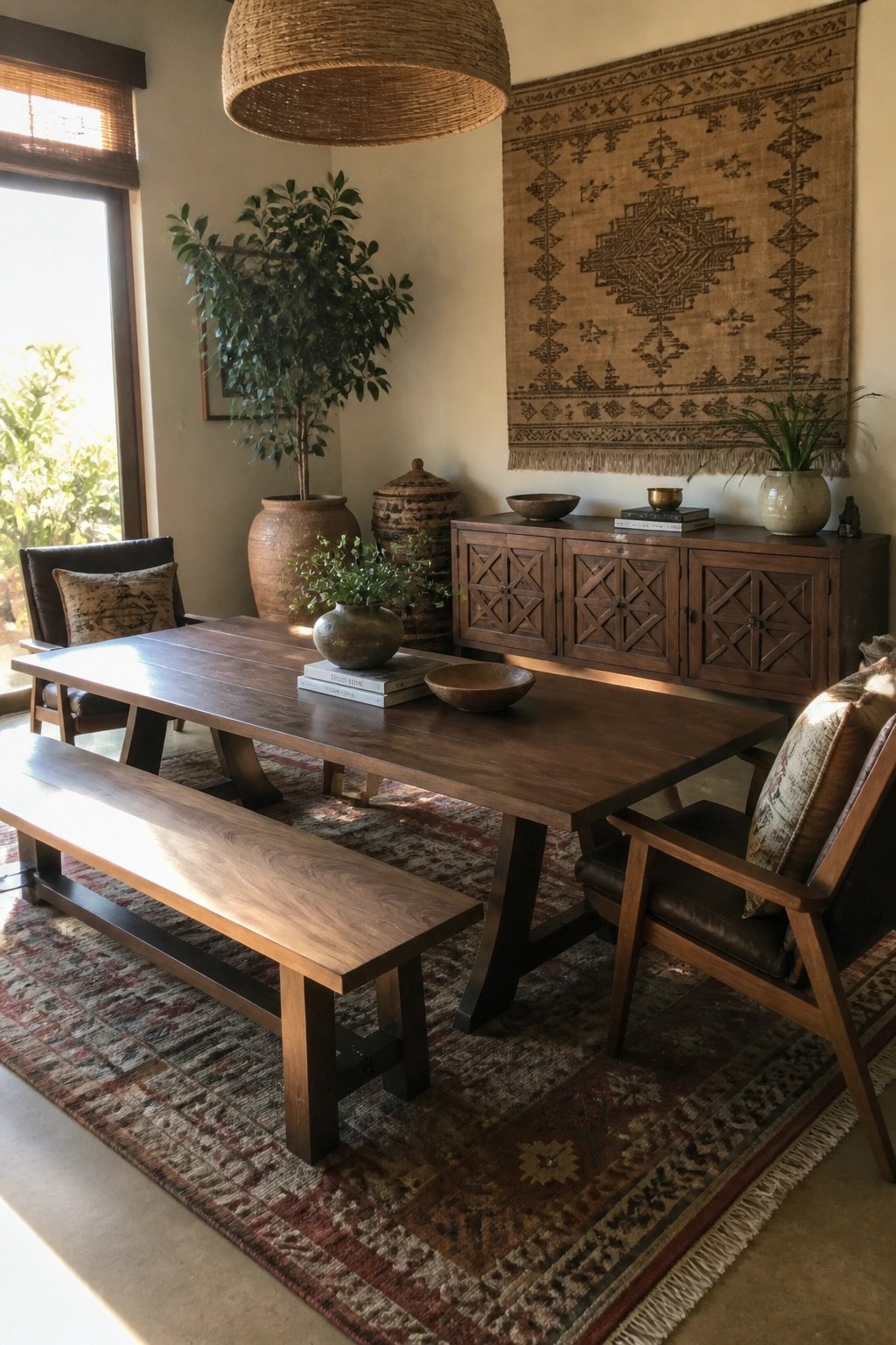 A dining area featuring a long dark walnut table with a matching wooden bench on one side, upholstered chairs, a wooden sideboard, and a large patterned wall hanging.