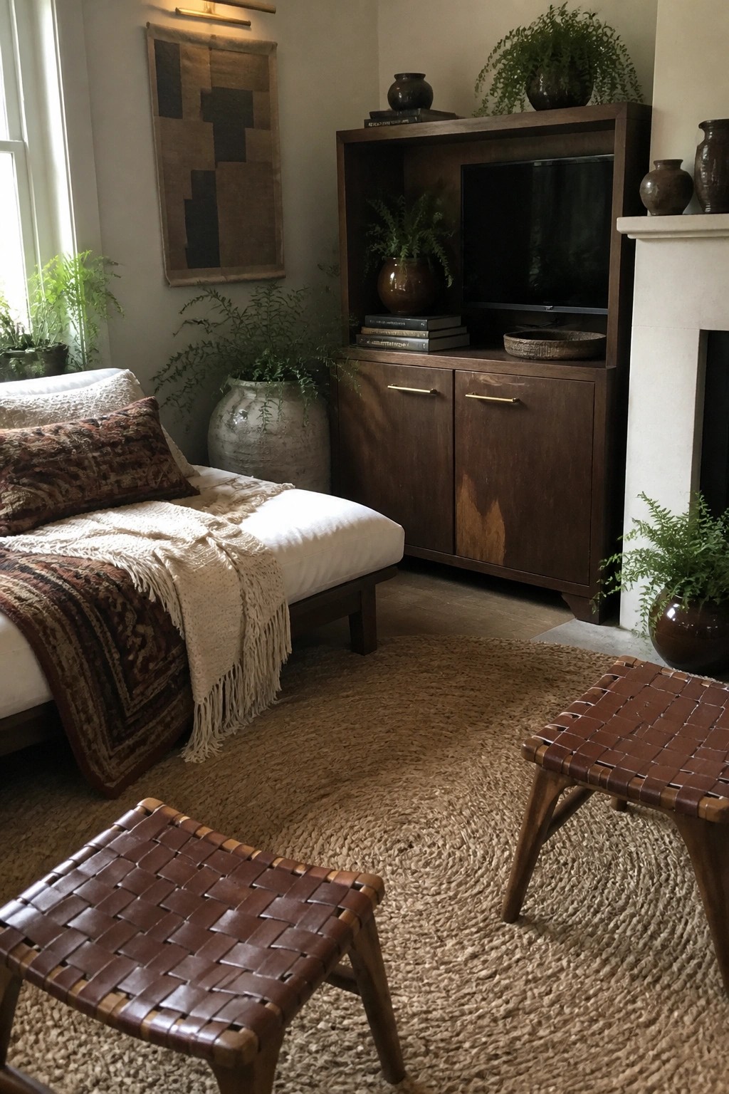 A living room with a dark wood media cabinet, a white chaise with textiles, two woven leather stools on a round jute rug, and several potted plants.