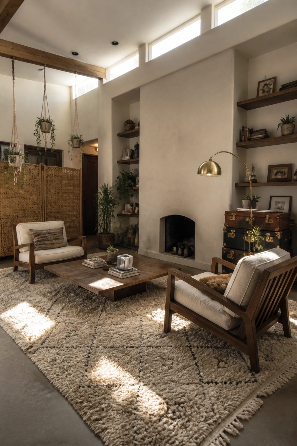 A living room with two dark wood armchairs on a large beige shag rug, a low wooden coffee table, built-in shelves beside a fireplace, and hanging plants near a woven screen.