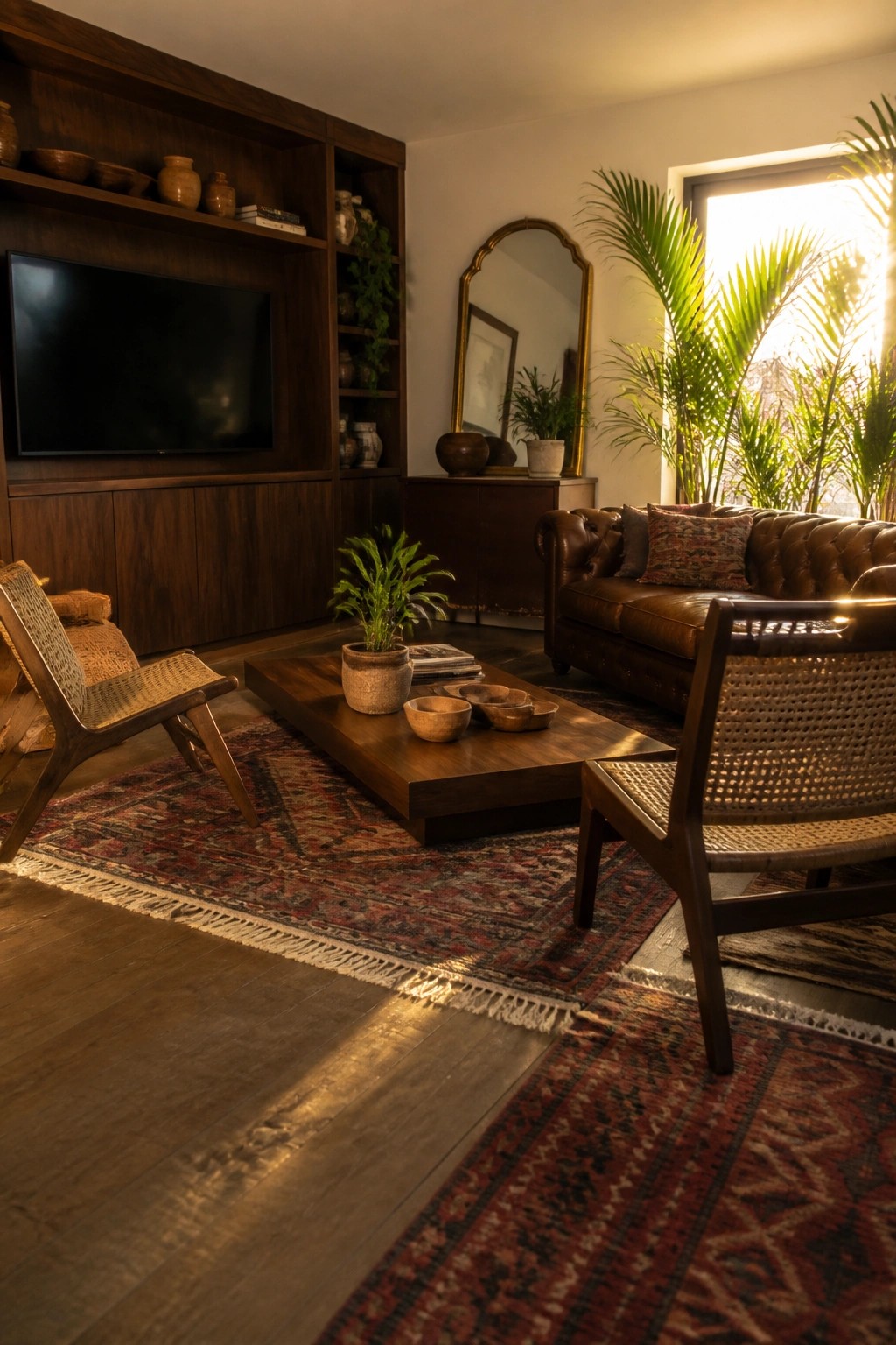 Warm living room with brown leather sofa, wooden table, woven chairs, and patterned rug