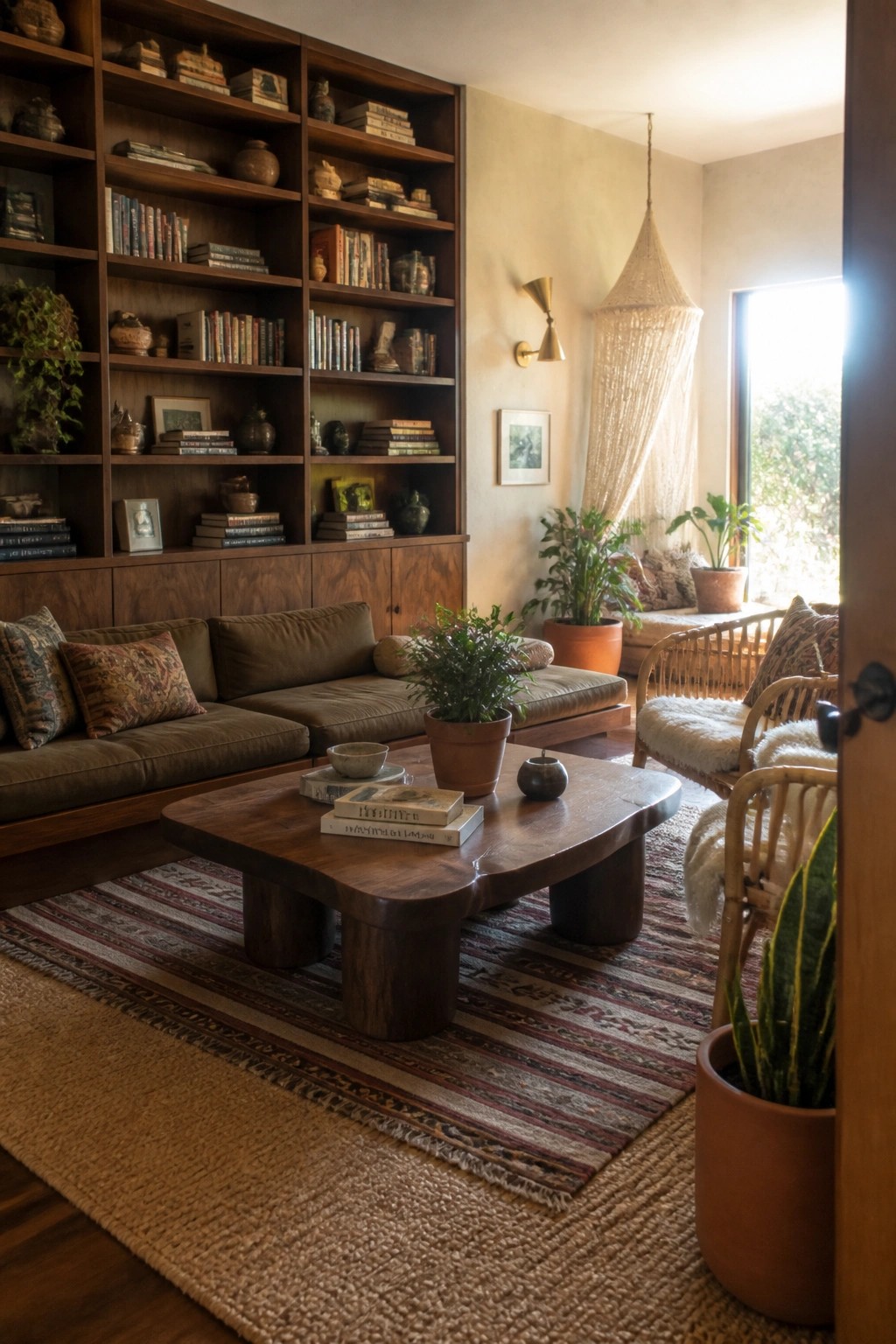 Living room with wooden bookshelf, brown sofa, coffee table, wicker chairs, and plants